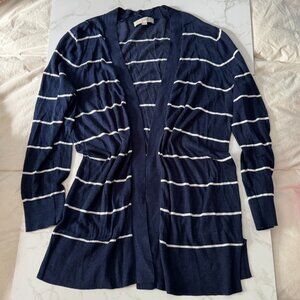 Loft Navy and White Striped Open Front Long Sleeve Cardigan – XL – Ramie/Viscose